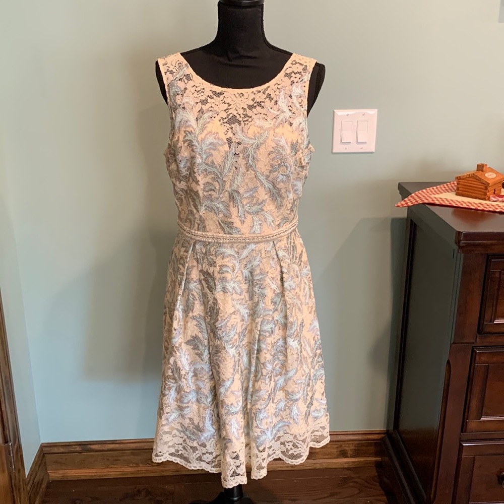 Nicole Miller Lace Cream and Blue fit and flare dress